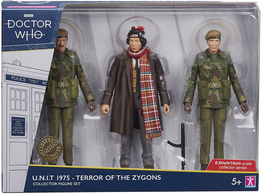 Doctor Who 1975 U.N.I.T Terror of The Zygons - Includes The 4th Doctor, Sergeant John Benton, & U.N.I.T Trooper with SSMG Accessory